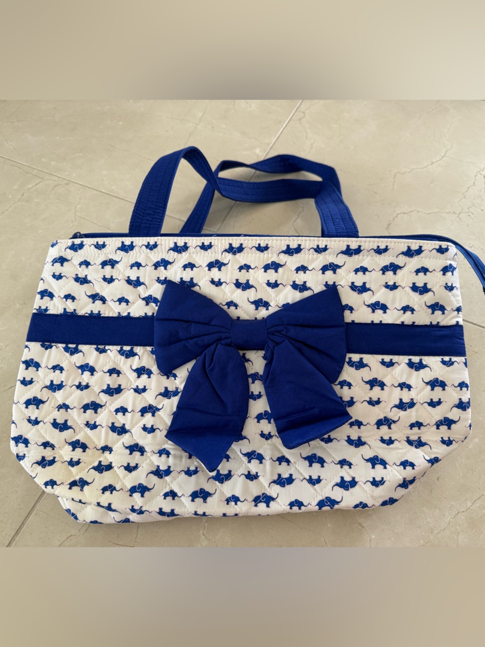 Blue and White Quilted Tote Bag with Bow